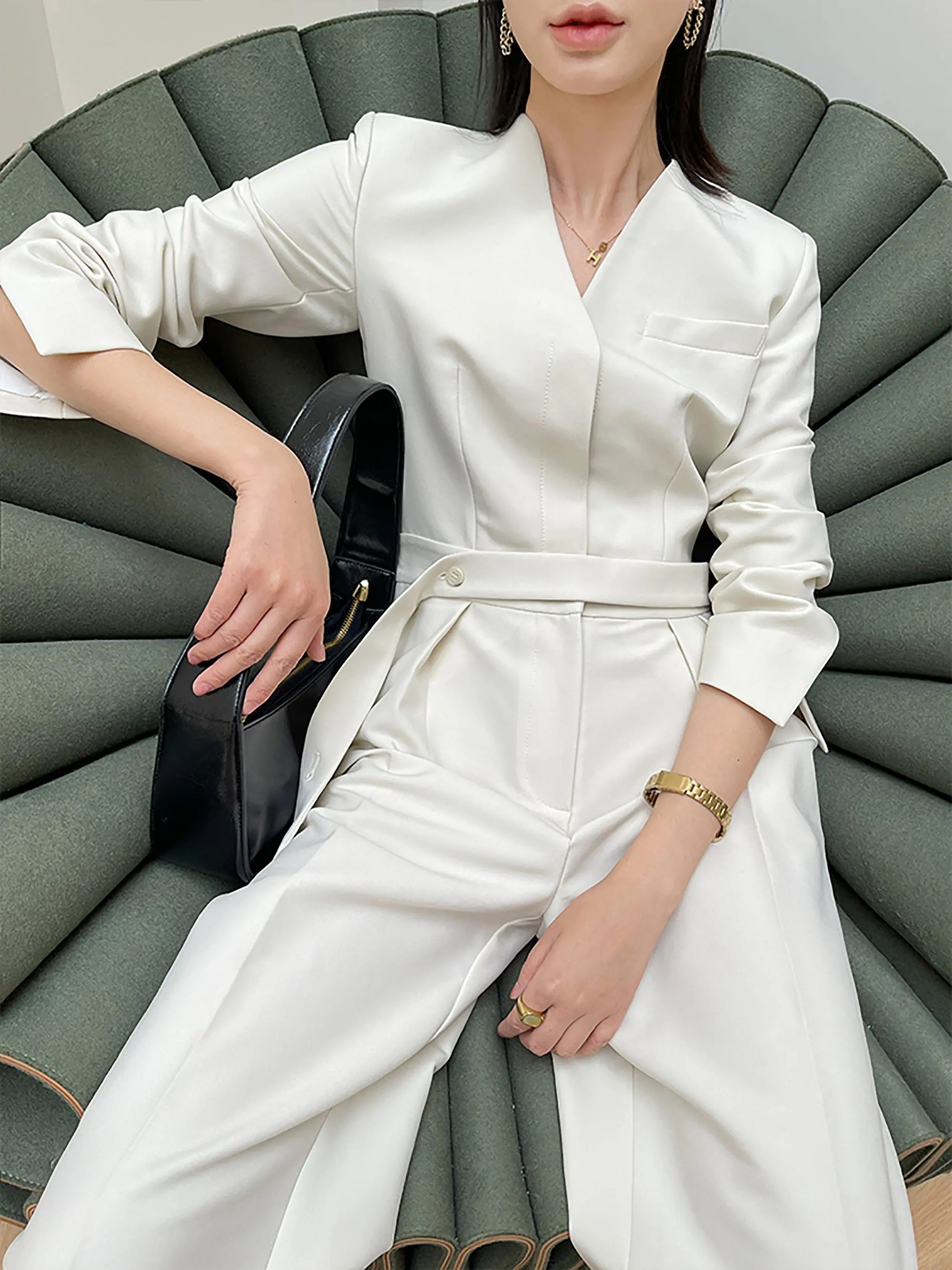 Black Jumpsuit Belt Ladies Formal Jumpsuits V-Neck Long Sleeve