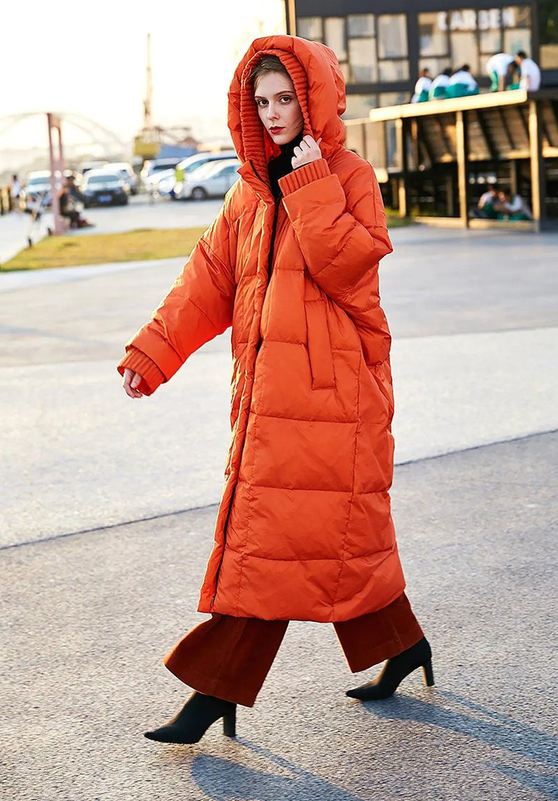 womens winter orange hooded down puffer parka