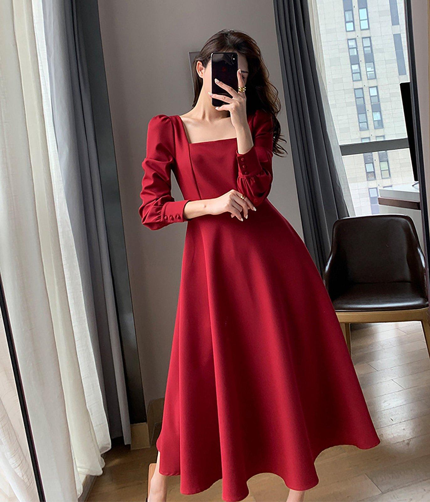 Long Sleeve Square Neck Fit & Flare Midi Dress | Vivian Seven XL / Red Long Sleeve Square Neck Fit & Flare Midi Dress | Vivian Seven XL / Red