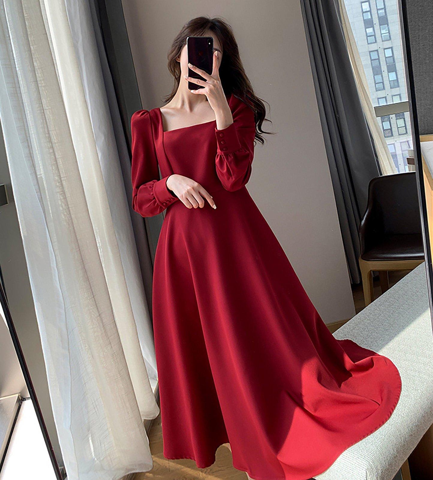 Long Sleeve Square Neck Fit & Flare Midi Dress | Vivian Seven XL / Red Long Sleeve Square Neck Fit & Flare Midi Dress | Vivian Seven XL / Red