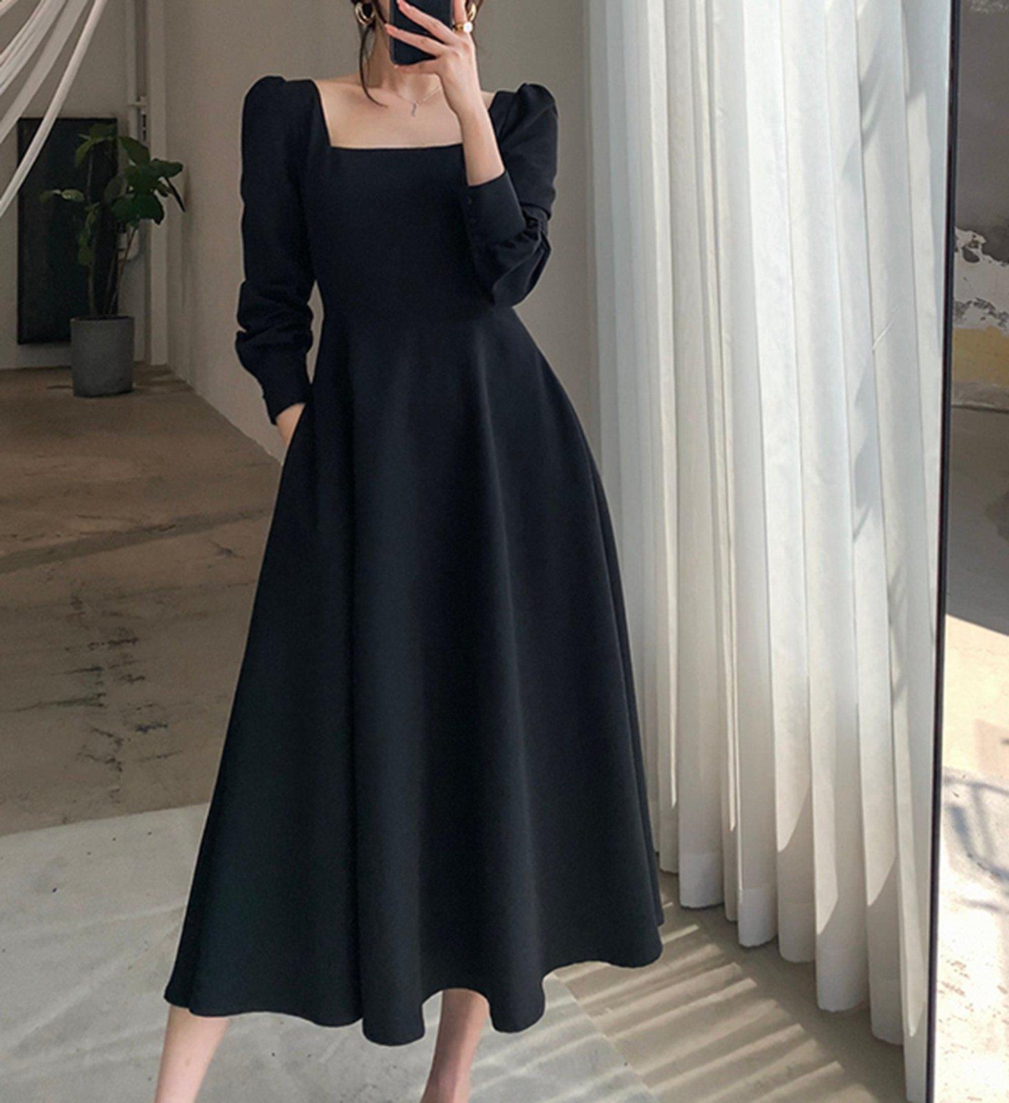 Long Sleeve Square Neck Fit & Flare Midi Dress | Vivian Seven Long Sleeve Square Neck Fit & Flare Midi Dress | Vivian Seven