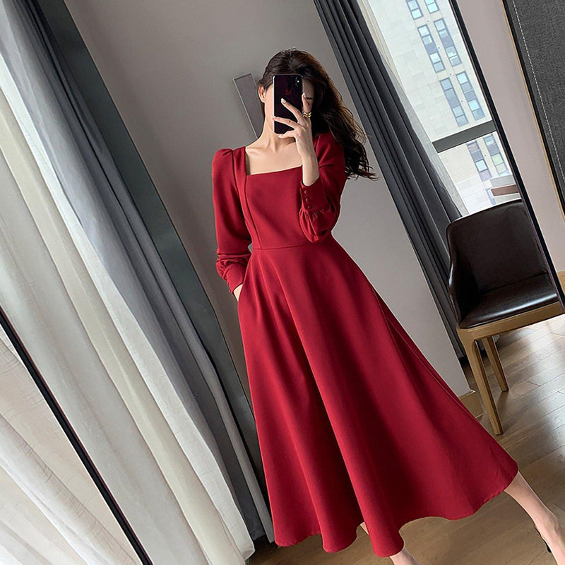 Long Sleeve Square Neck Fit & Flare Midi Dress | Vivian Seven XL / Red Long Sleeve Square Neck Fit & Flare Midi Dress | Vivian Seven XL / Red