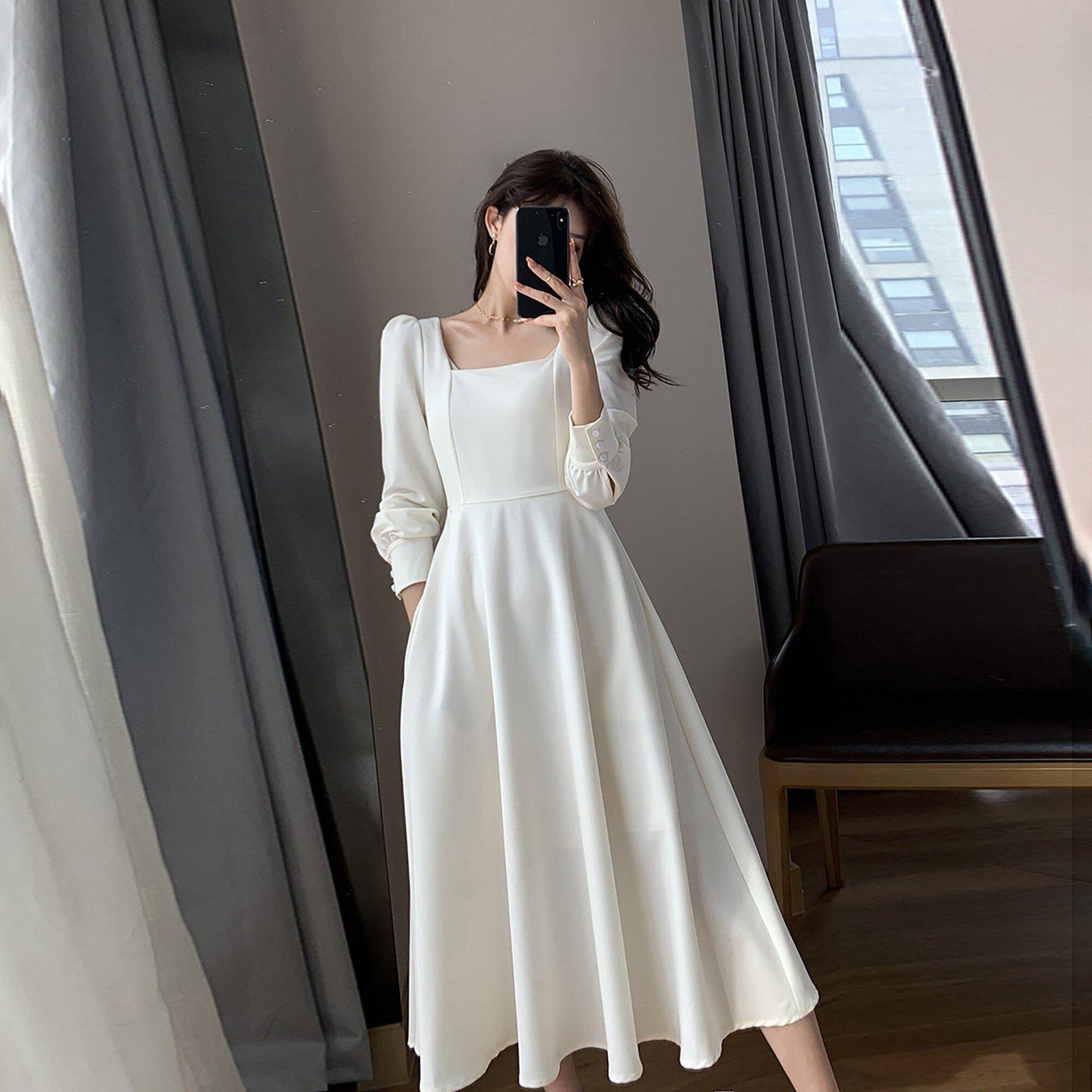 Long Sleeve White Flare Midi Dress Long Sleeve Square Neck Fit