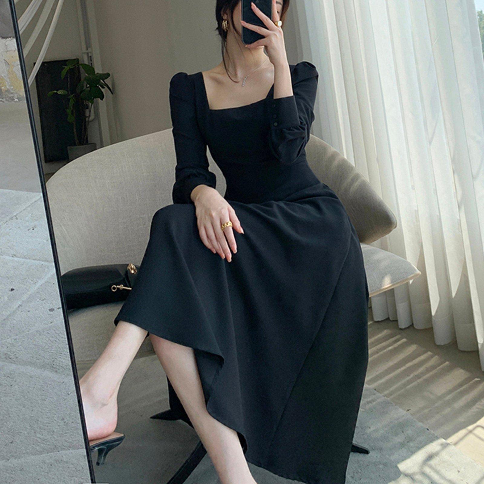 ワンピース SQUARE-SLEEVES DRESS Solid Color Square Neck Bishop Sleeve Classic Midi Dress for Women