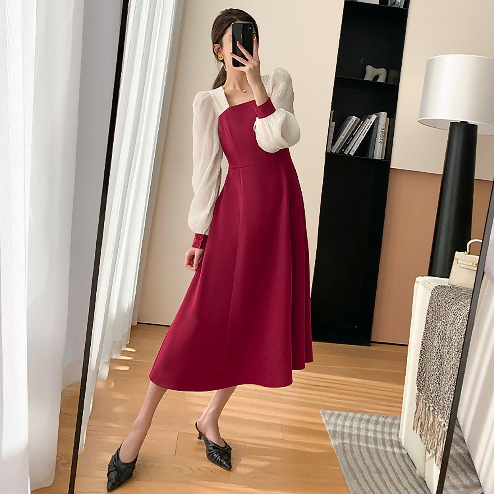 Patchwork Chiffon Sleeve Fit & Flare Red Dress | Vivian Seven M Patchwork Chiffon Sleeve Fit & Flare Red Dress | Vivian Seven M