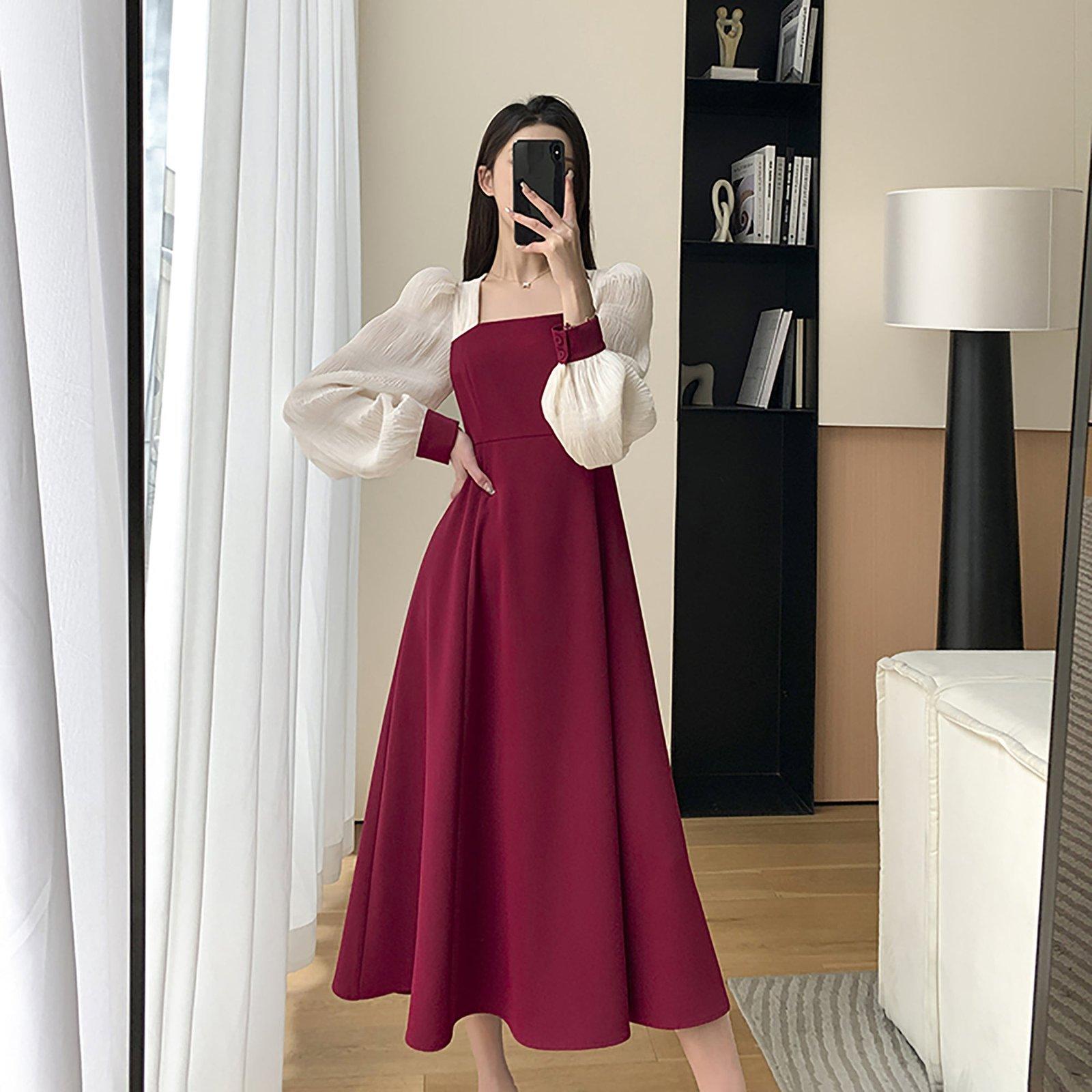 long sleeve red fit and flare dress Patchwork Chiffon & US Size:US4 Knit fabrication Fit Kentucky Derby Women's Ellen Maxi Dress Alluring Chic V-neck Beads