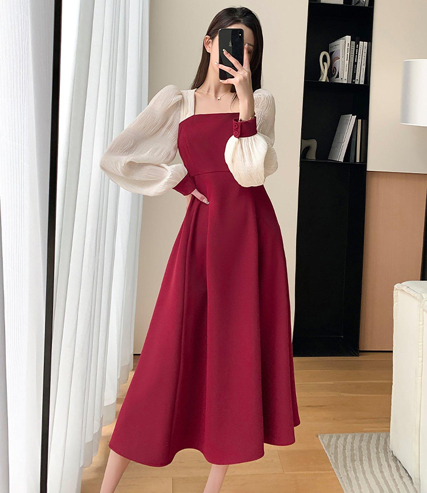 Patchwork Chiffon Sleeve Fit & Flare Red Dress Vivian Seven