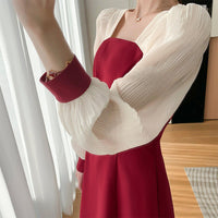 Patchwork Chiffon Sleeve Fit & Flare Red Dress Vivian Seven