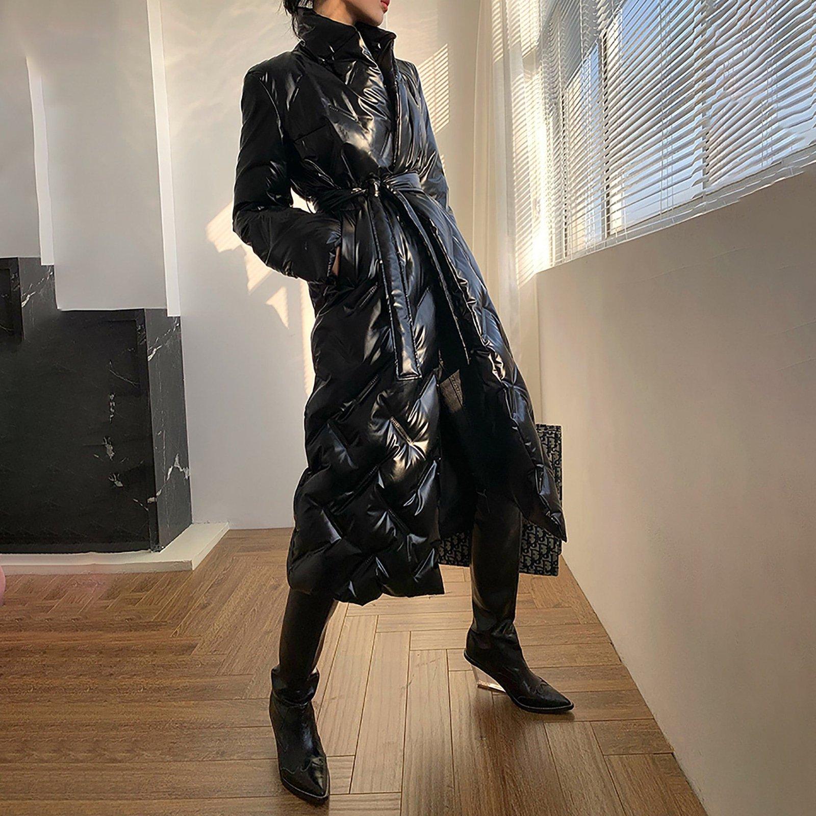Ashley Womens Glossy Belted Wrap Down Puffer Longline Coat Black / Xs