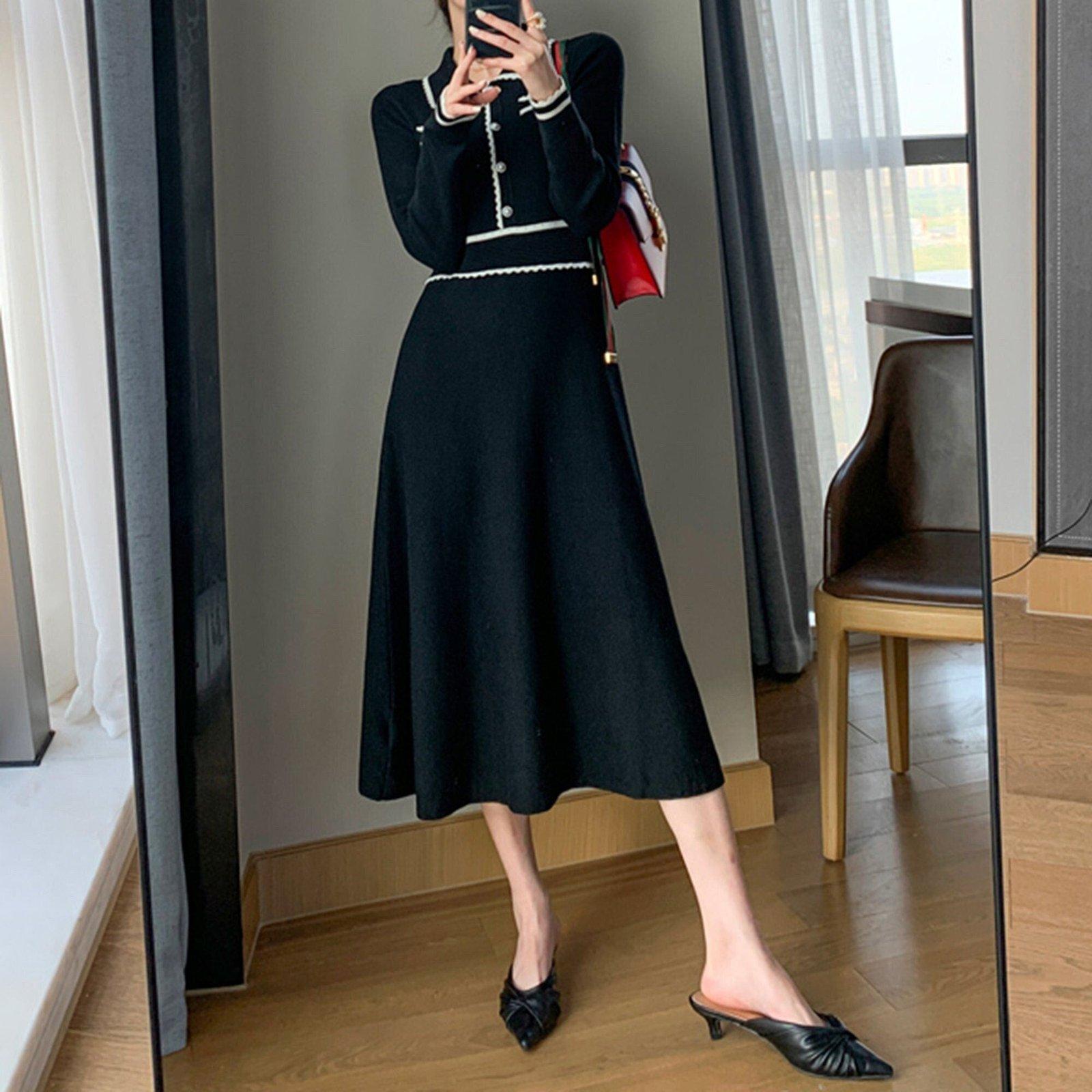 Black Knit Long Sleeve Midi Dress S