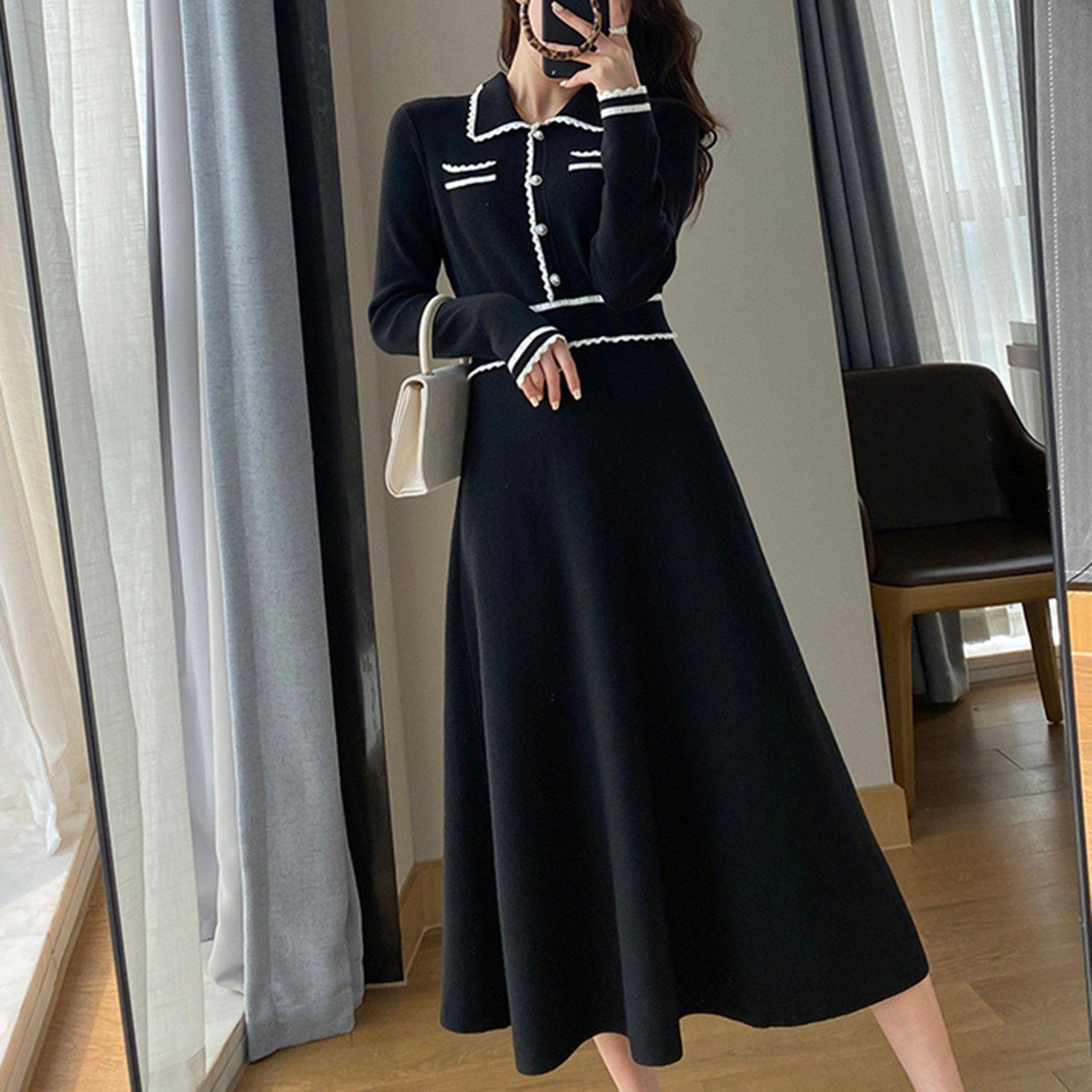 Black Knit Long Sleeve Midi Dress – Vivian Seven