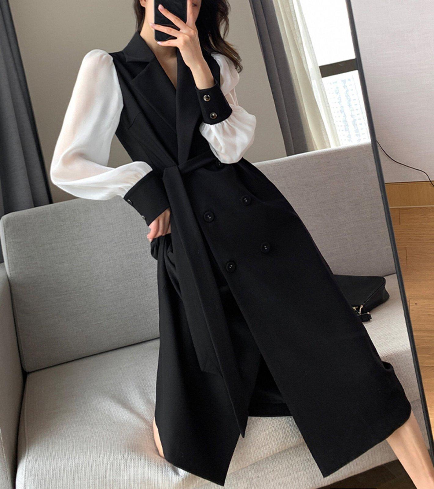 Patchwork Long Sleeve Belted Blazer Dress M Patchwork Long Sleeve Belted Blazer Dress M