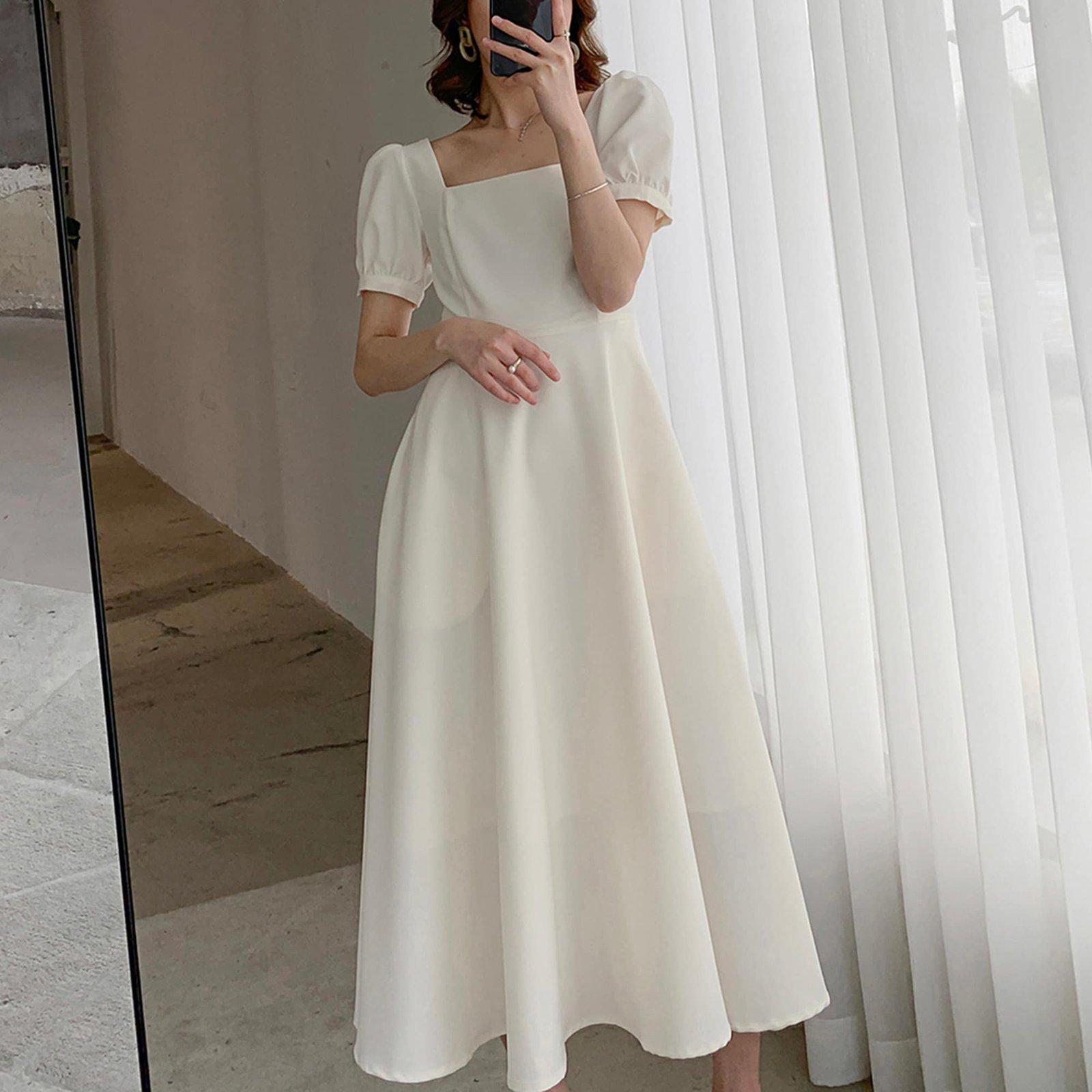 Square Neck Short Sleeve High Waist Flare Dress | Vivian Seven Square Neck Short Sleeve High Waist Flare Dress | Vivian Seven