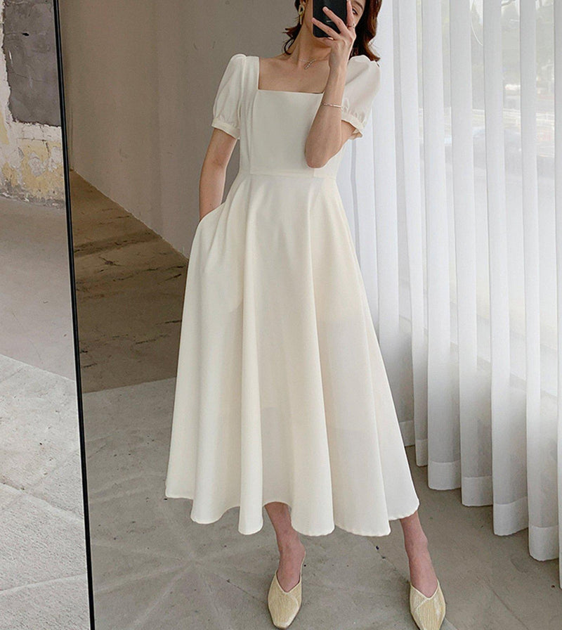 Square Neck Short Sleeve High Waist Flare Dress | Vivian Seven Square Neck Short Sleeve High Waist Flare Dress | Vivian Seven
