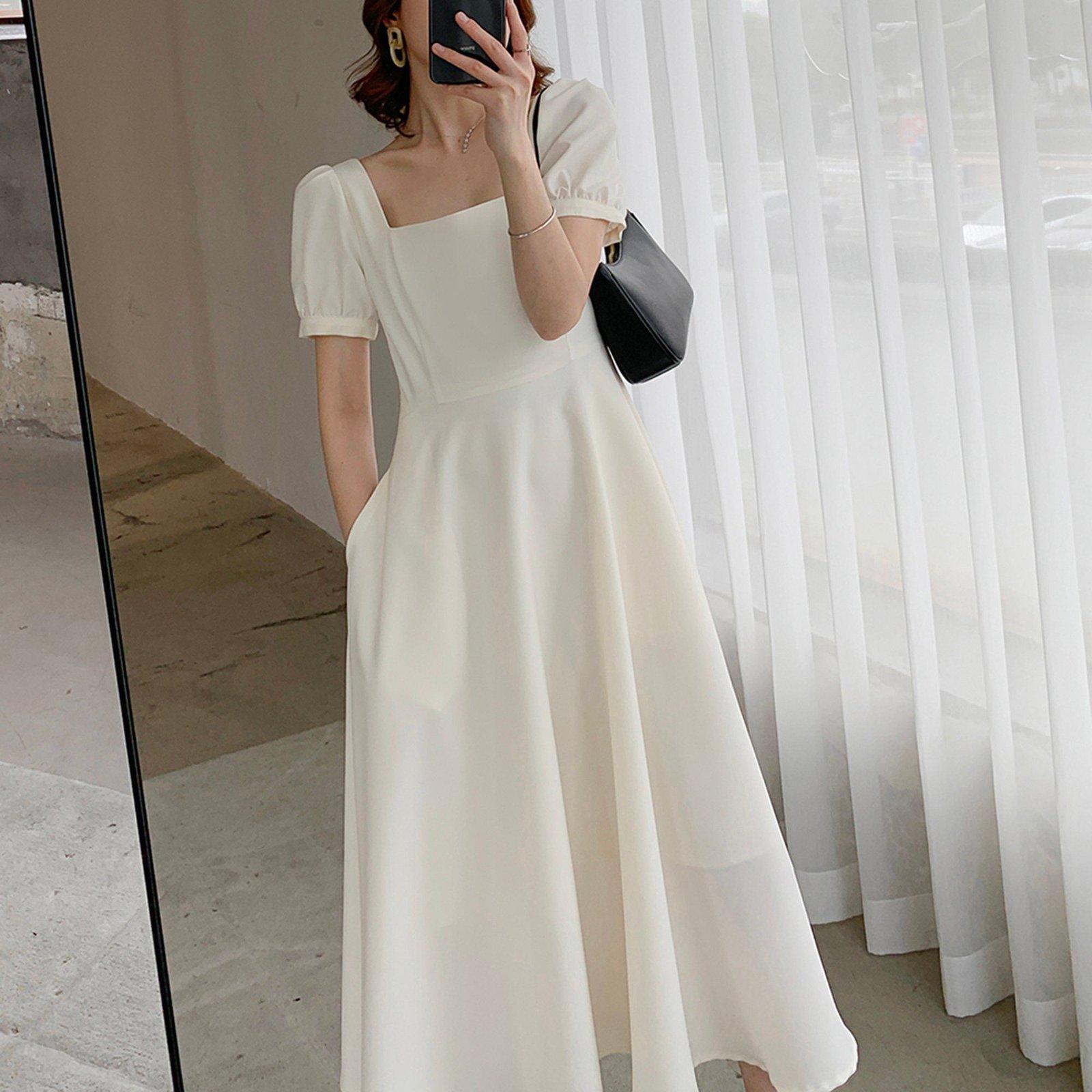 Square Neck Short Sleeve High Waist Flare Dress | Vivian Seven Square Neck Short Sleeve High Waist Flare Dress | Vivian Seven