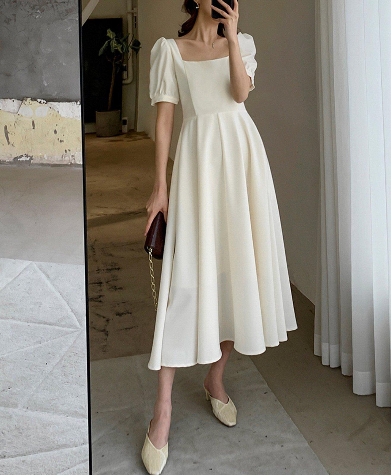 Square Neck Short Sleeve High Waist Flare Dress | Vivian Seven Square Neck Short Sleeve High Waist Flare Dress | Vivian Seven