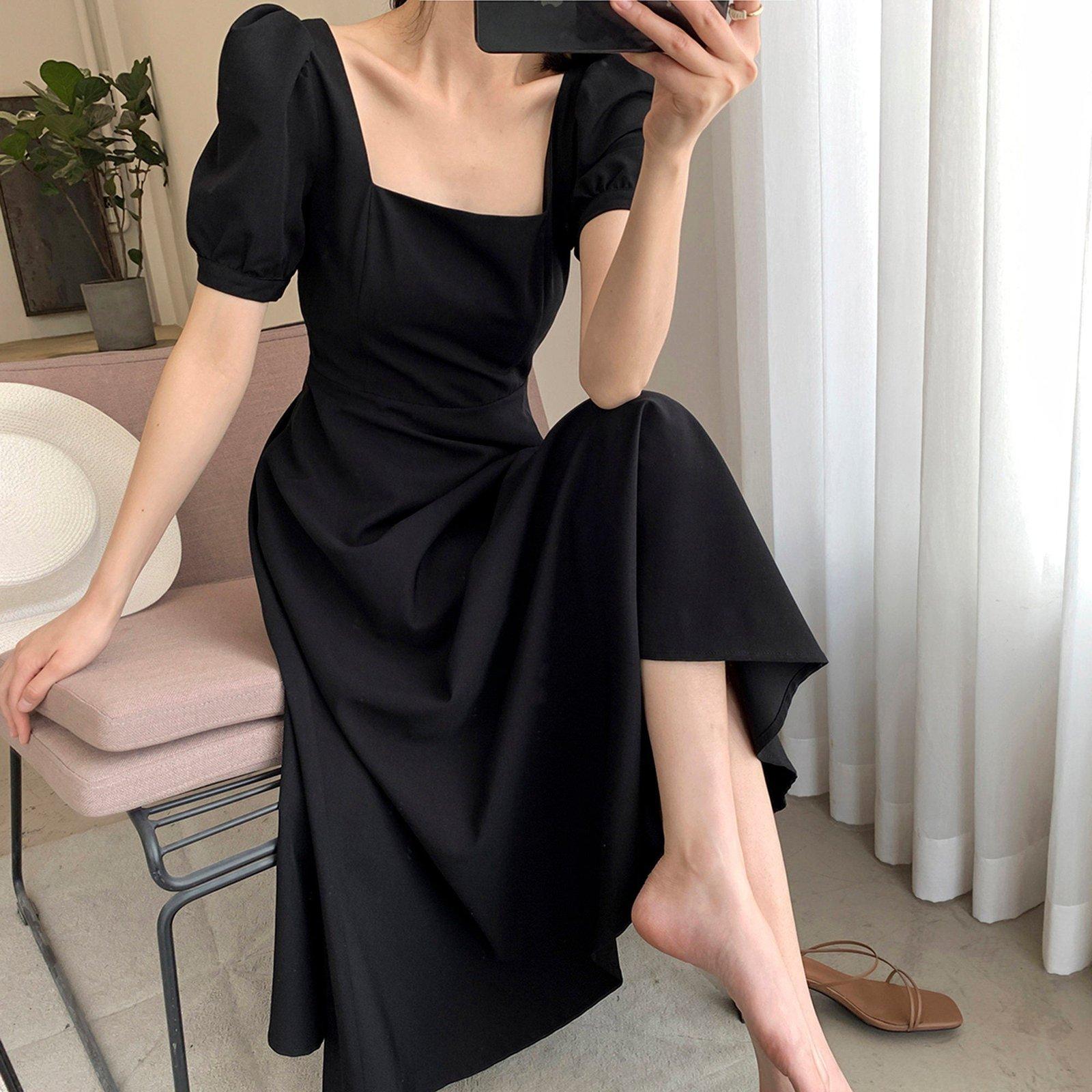 Square Neck Short Sleeve High Waist Flare Dress | Vivian Seven M / Black Square Neck Short Sleeve High Waist Flare Dress | Vivian Seven M / Black