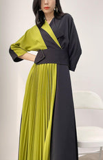 Color Block Three Quarter Sleeve Pleated Midi Dress Vivian Seven
