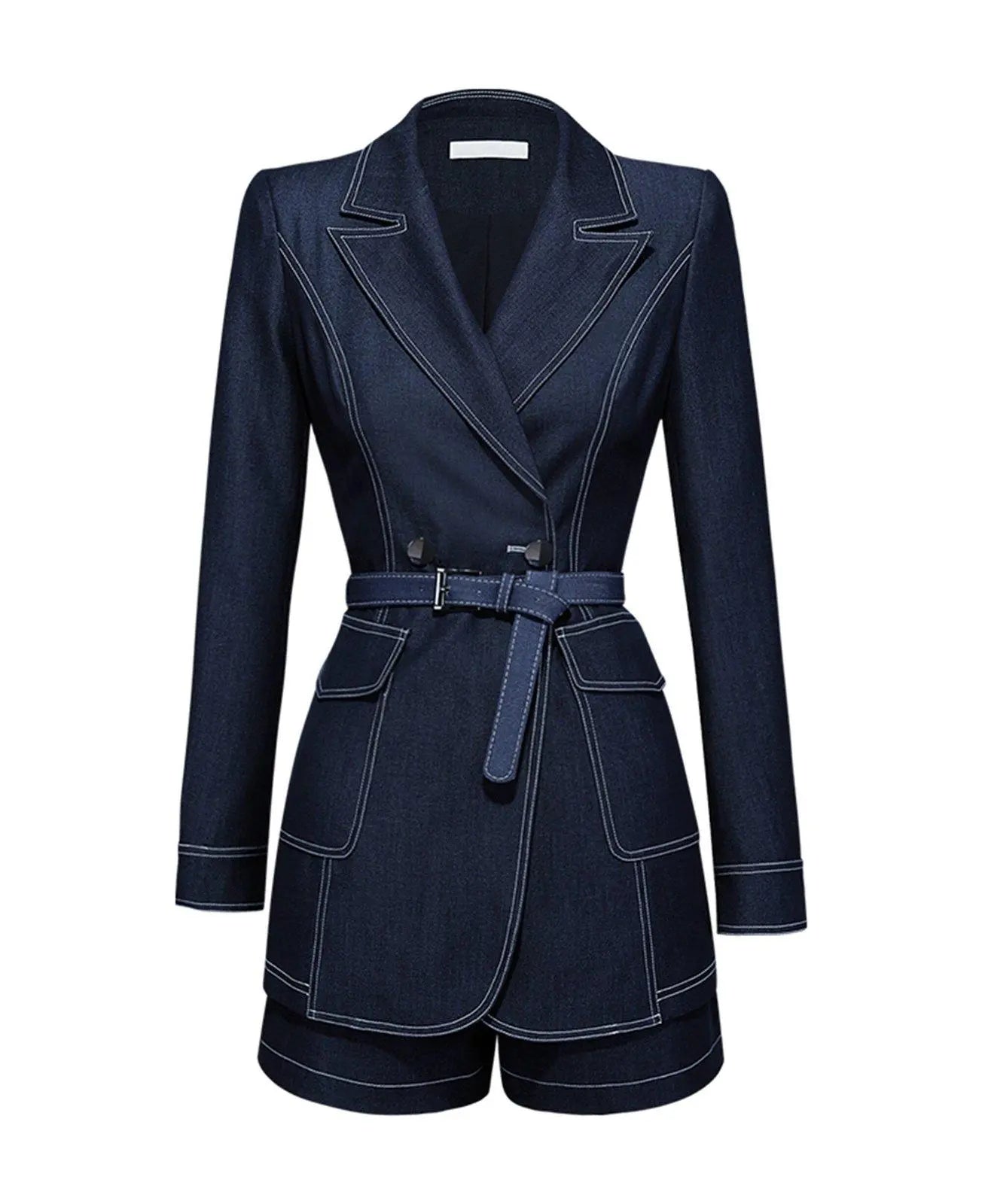 Women's Navy Blue Belted Blazer & Mini Shorts Set | Vivian Seven M Women's Navy Blue Belted Blazer & Mini Shorts Set | Vivian Seven M