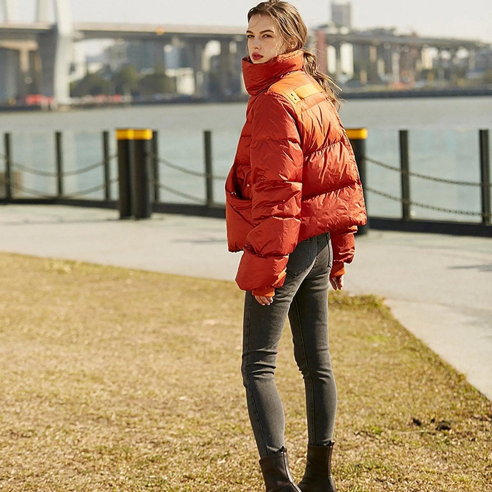 Orange High Neck Down Puffer Jacket