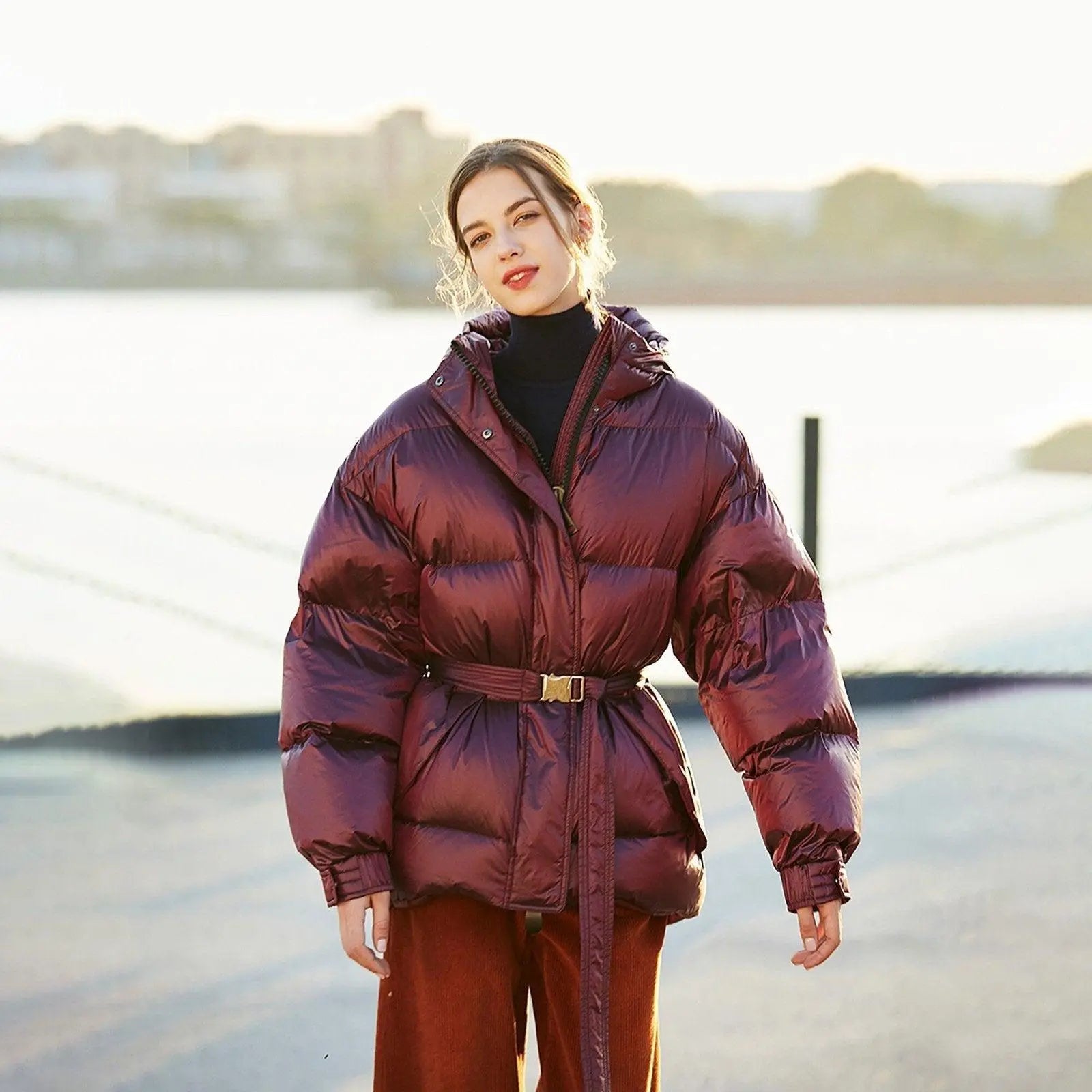 Darcy Claret Hooded Belted Down Puffer Jacket