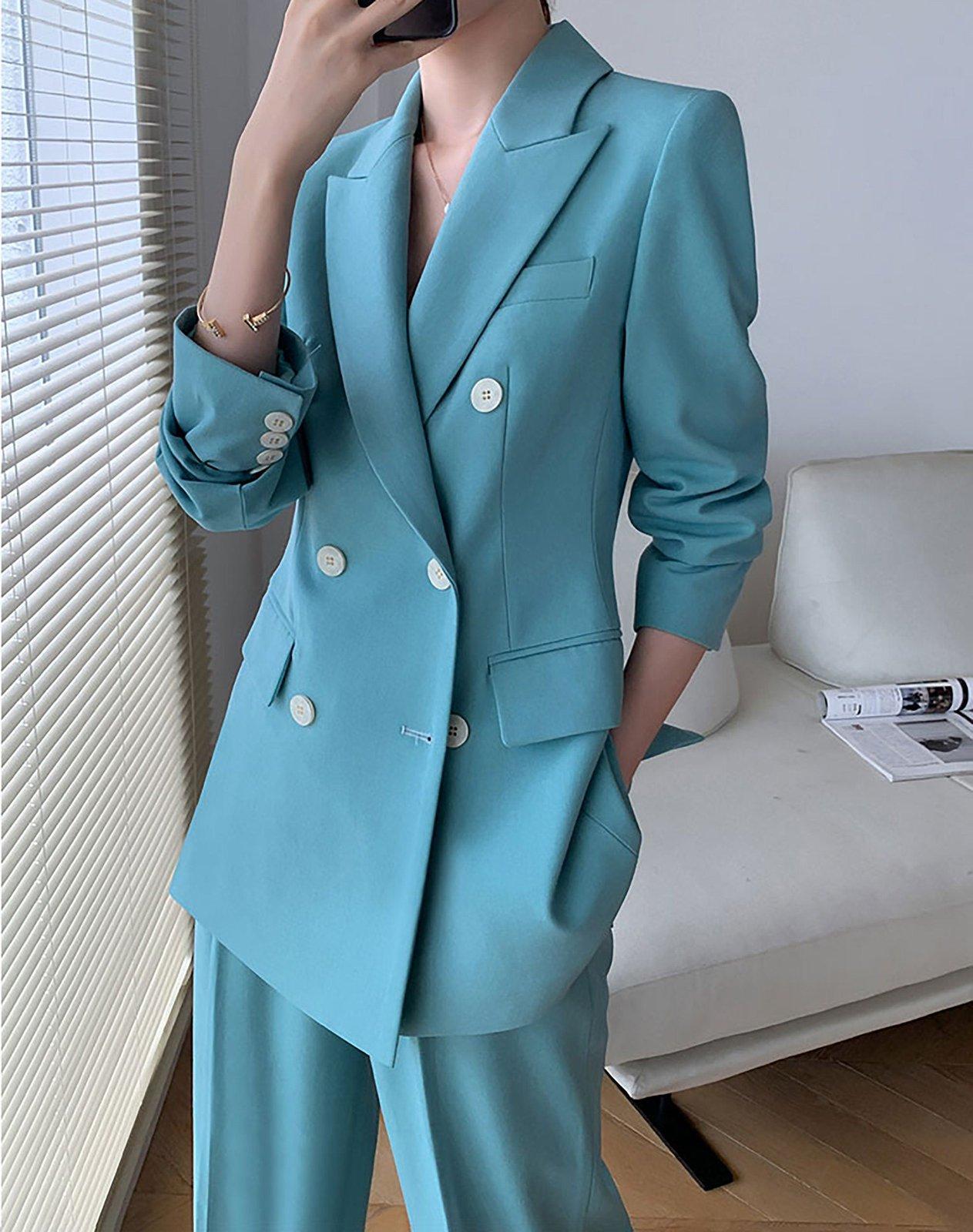 Womens New Light Blue Suits Blazer With Pants Two Piece Set Office Elegant  Work