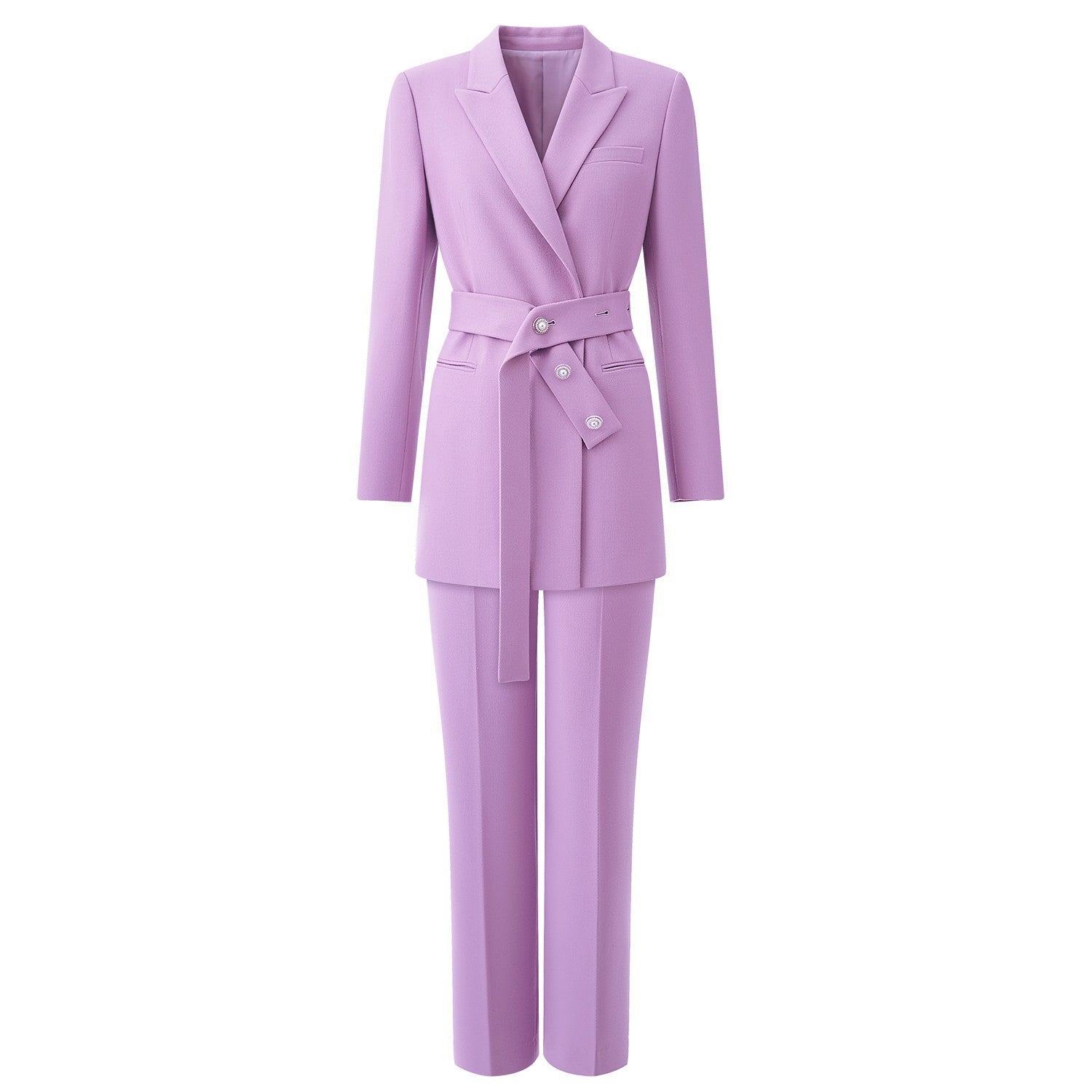 Coral Pink Belted Blazer & Wide Leg Trousers Pantsuit Vivian Seven
