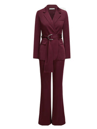 Claret Buckle Belted Blazer & Flare Pants Suit Set Vivian Seven