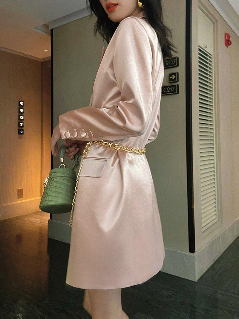 Light Pink Double Breasted Chain Thigh Length Blazer Vivian Seven