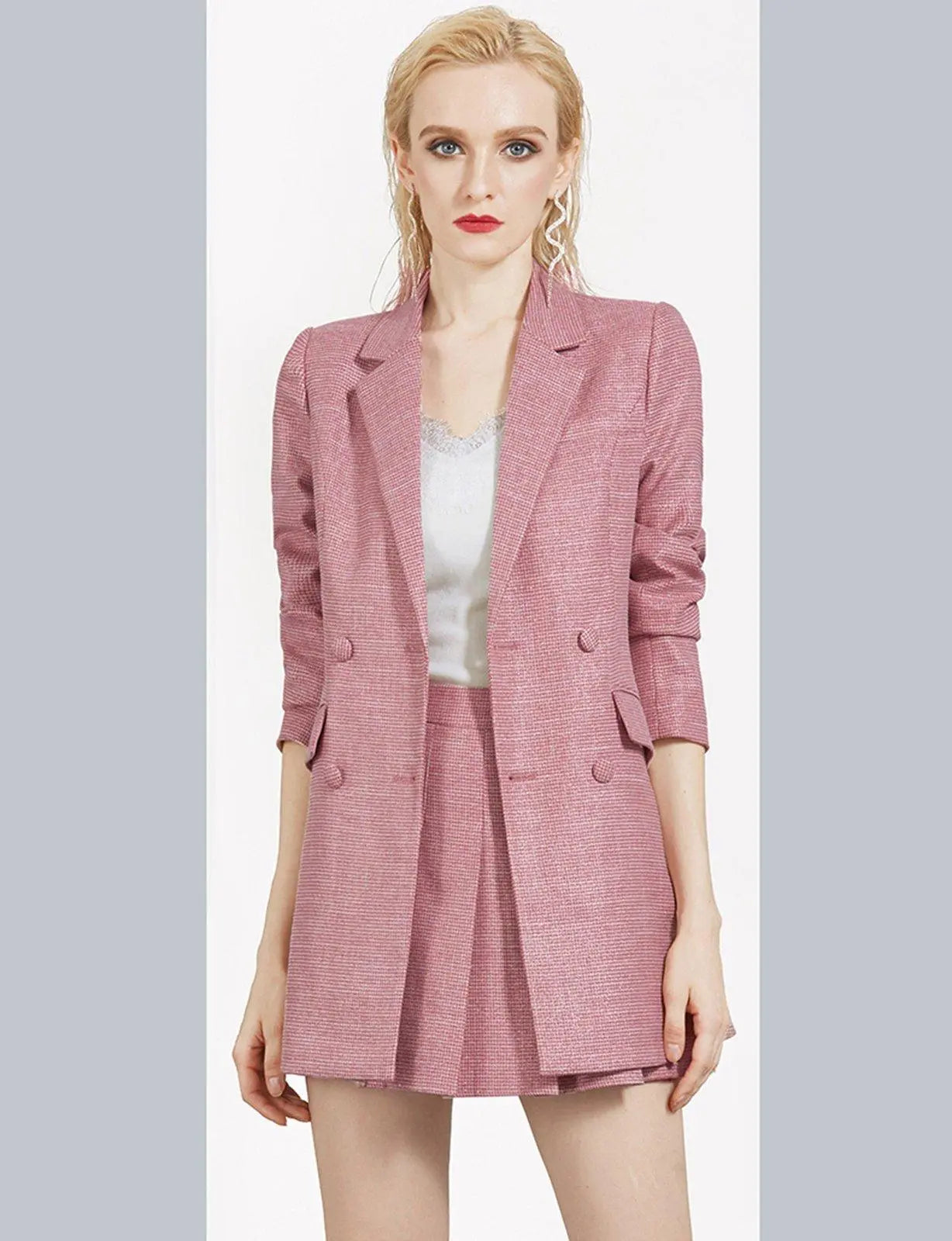 pink blazer with skirt set