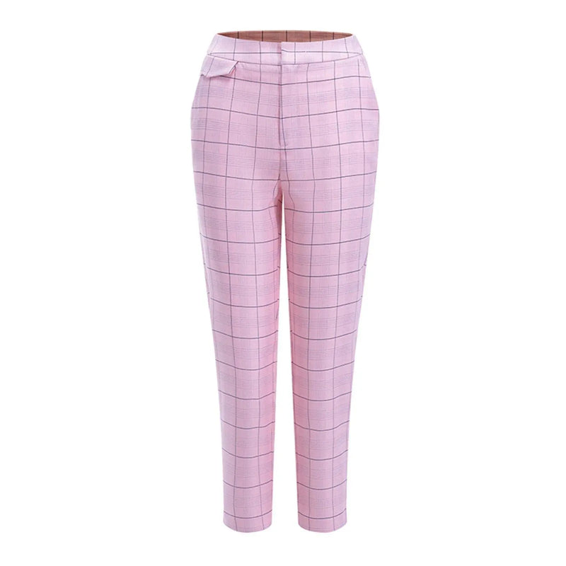 Pink Plaid Belted Blazer & Skinny Pants Set Vivian Seven