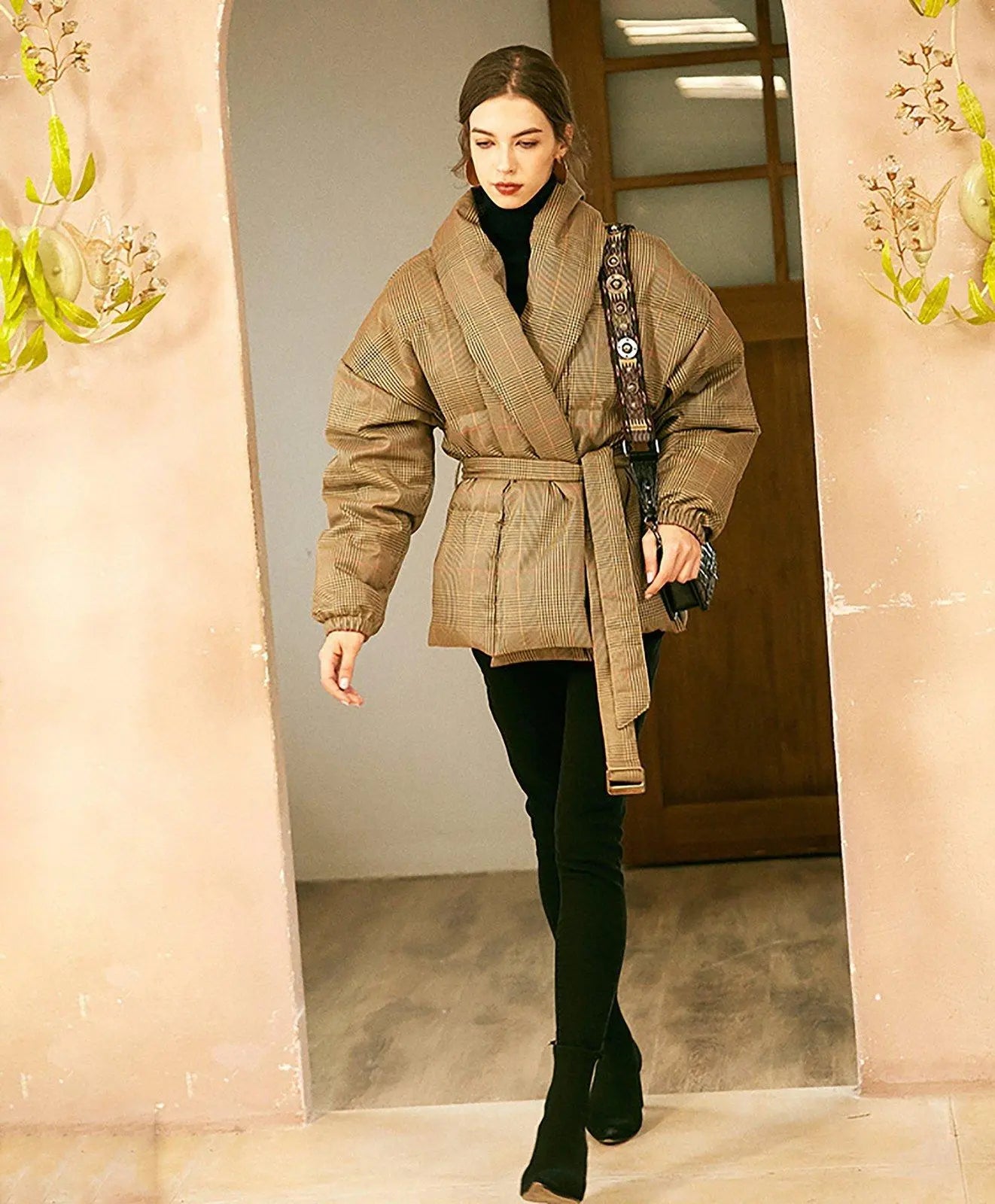 Women Plaid Down Coat,Wool Down Jacket,Wrap Down Coat,checkered Quilted Down Puffer Coat,Warm Puffy Coat,Down Jacket with belt,Winter Coat Vivian Seven