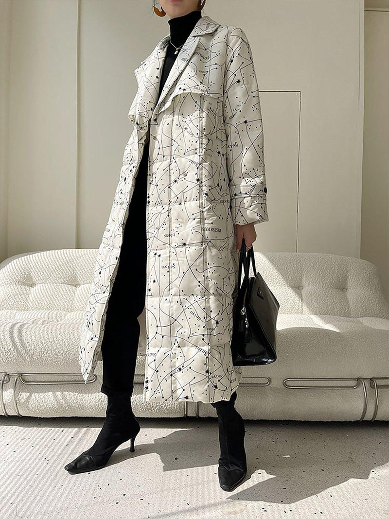 Women Printing Long Down Coat,Thicken warm Down Jacket,Belted Maxi Down Puffer Coat,Warm Winter Coat,White Long Down Coat,Quilted down Coat Vivian Seven