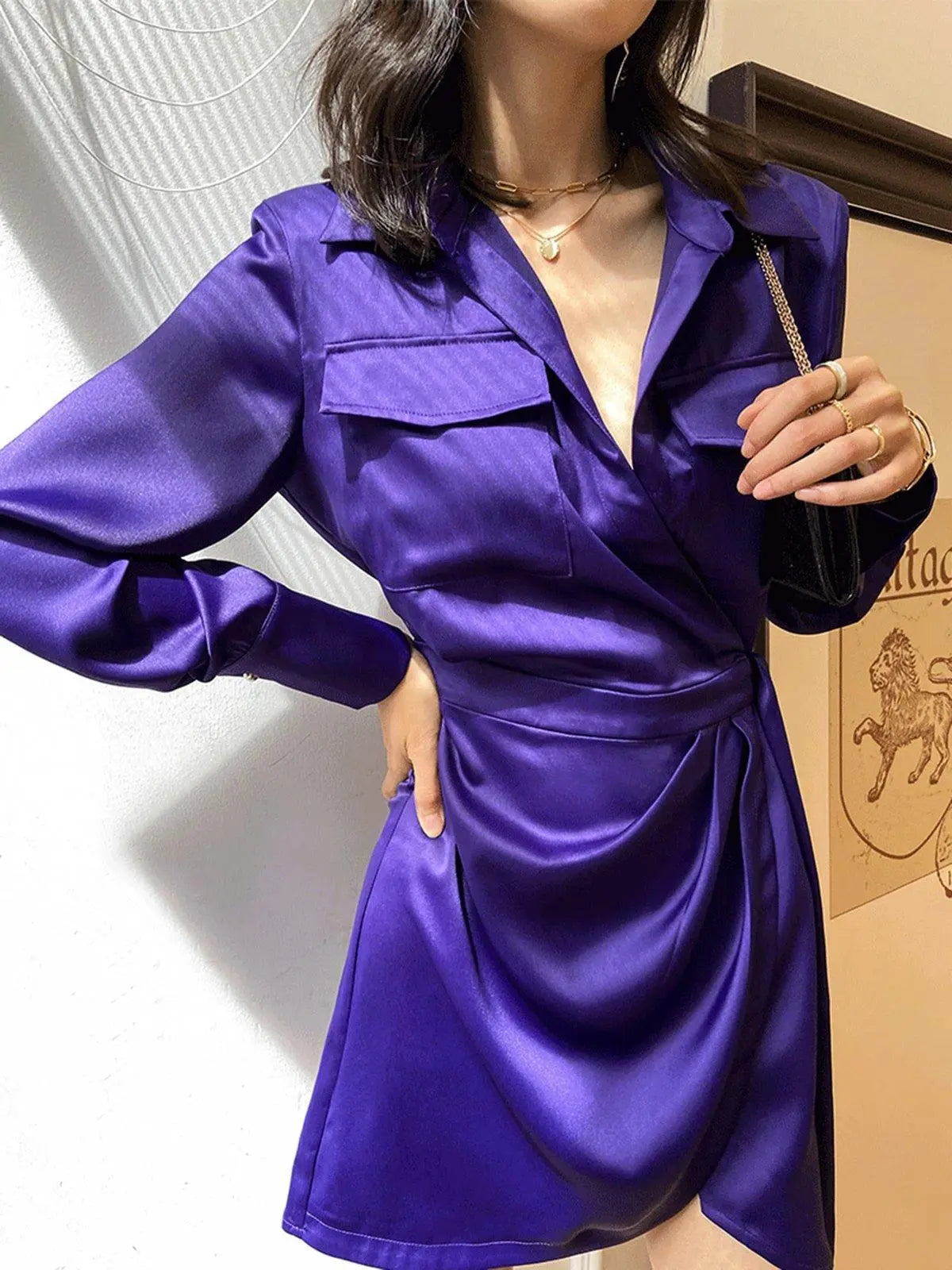 Satin Cocktail Belt Long Sleeve Shirt Mini Dress | Vivian Seven S / Purple Satin Cocktail Belt Long Sleeve Shirt Mini Dress | Vivian Seven S / Purple