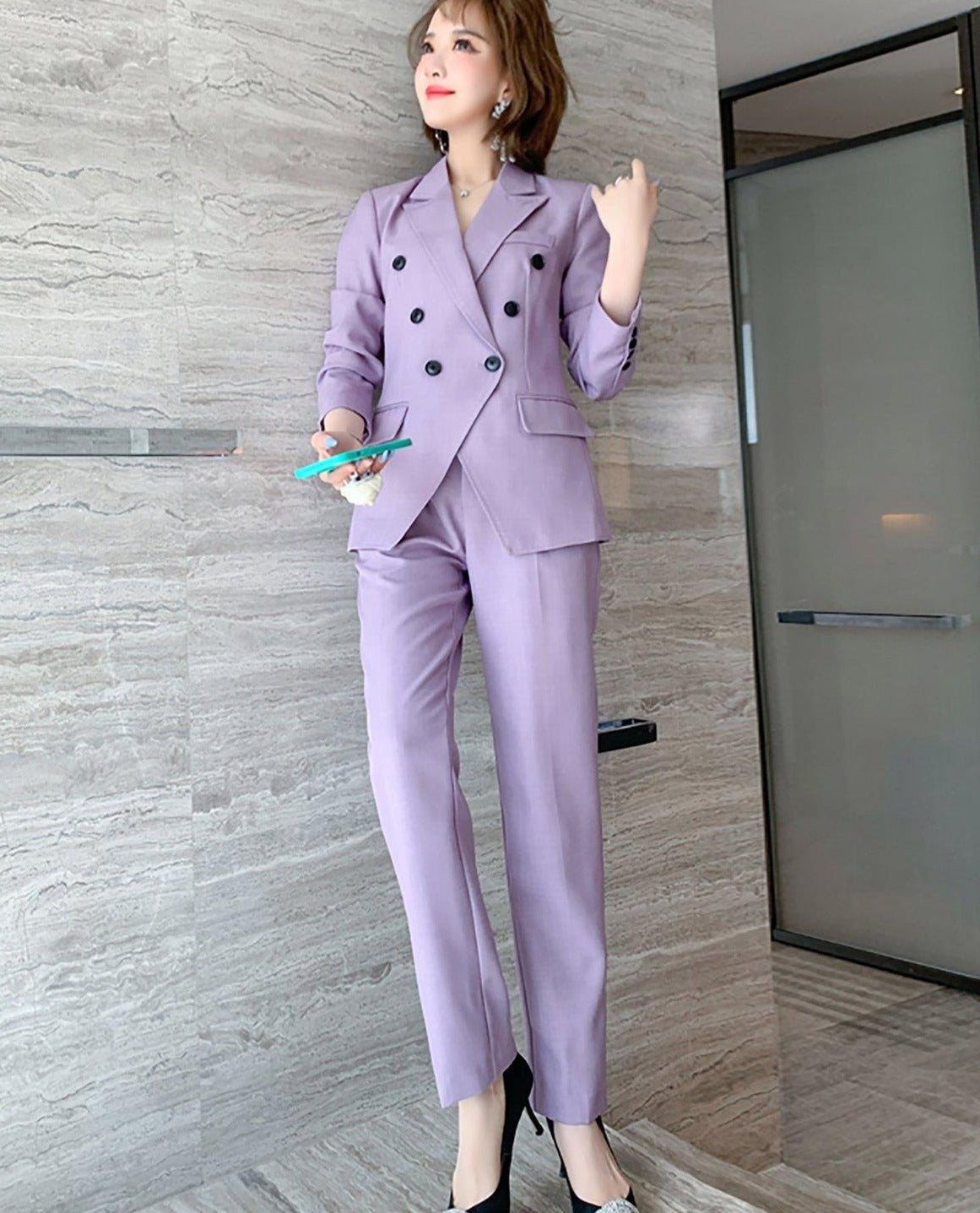 Lastesso 2 Pieces Trousers Sets for Women Long Sleeve Blazer and Drawstring  Skinny Pants Sets with Pockets Solid Color Summer Elegant Casual Outfits 