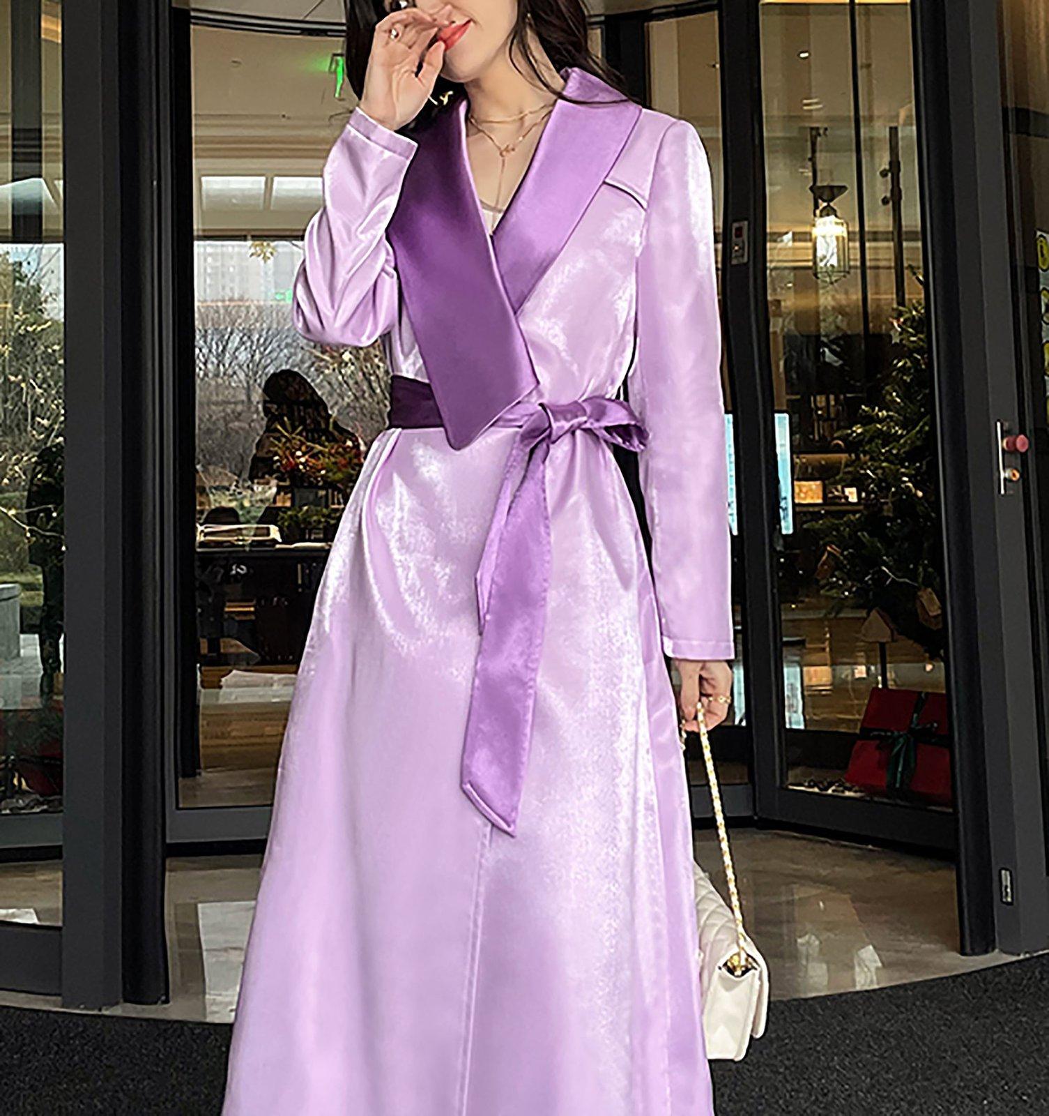 Women Purple Satin Belted Long Gown Trench Coat
