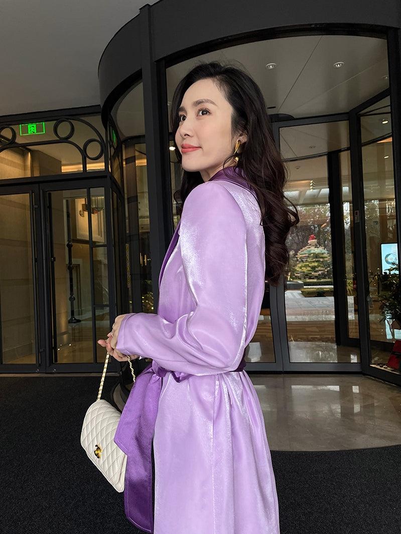Women Purple Satin Belted Long Gown Trench Coat Vivian Seven