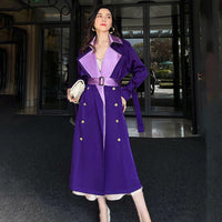 Women Purple Satin Double Breasted Long Trench Coat Vivian Seven