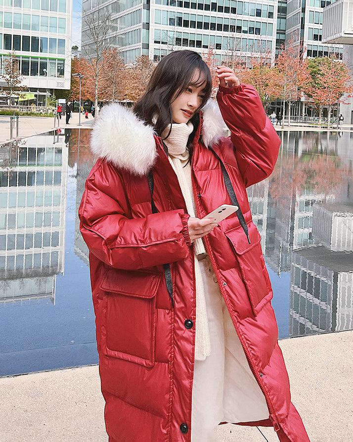 Women Red Fur Hooded Quilted Puffer Parka Coat Gray Oversize Long Winter Coat Vivian Seven