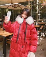 Women Red Fur Hooded Quilted Puffer Parka Coat Gray Oversize Long Winter Coat Vivian Seven
