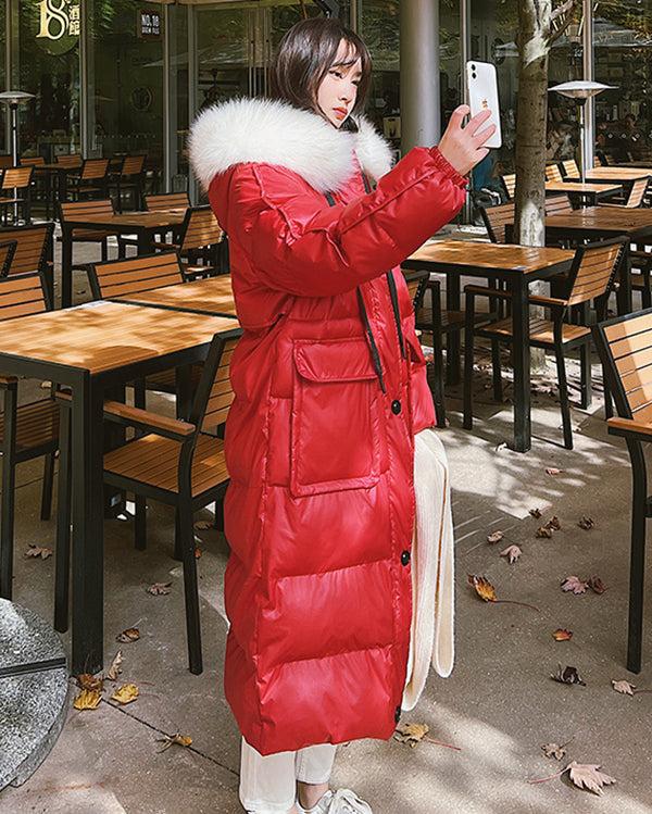 Oversized Red Winter Cloak Fur Hooded Long Puffer Coat