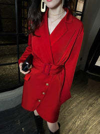 Red Long Sleeve Belted Blazer Sheath Dress Vivian Seven