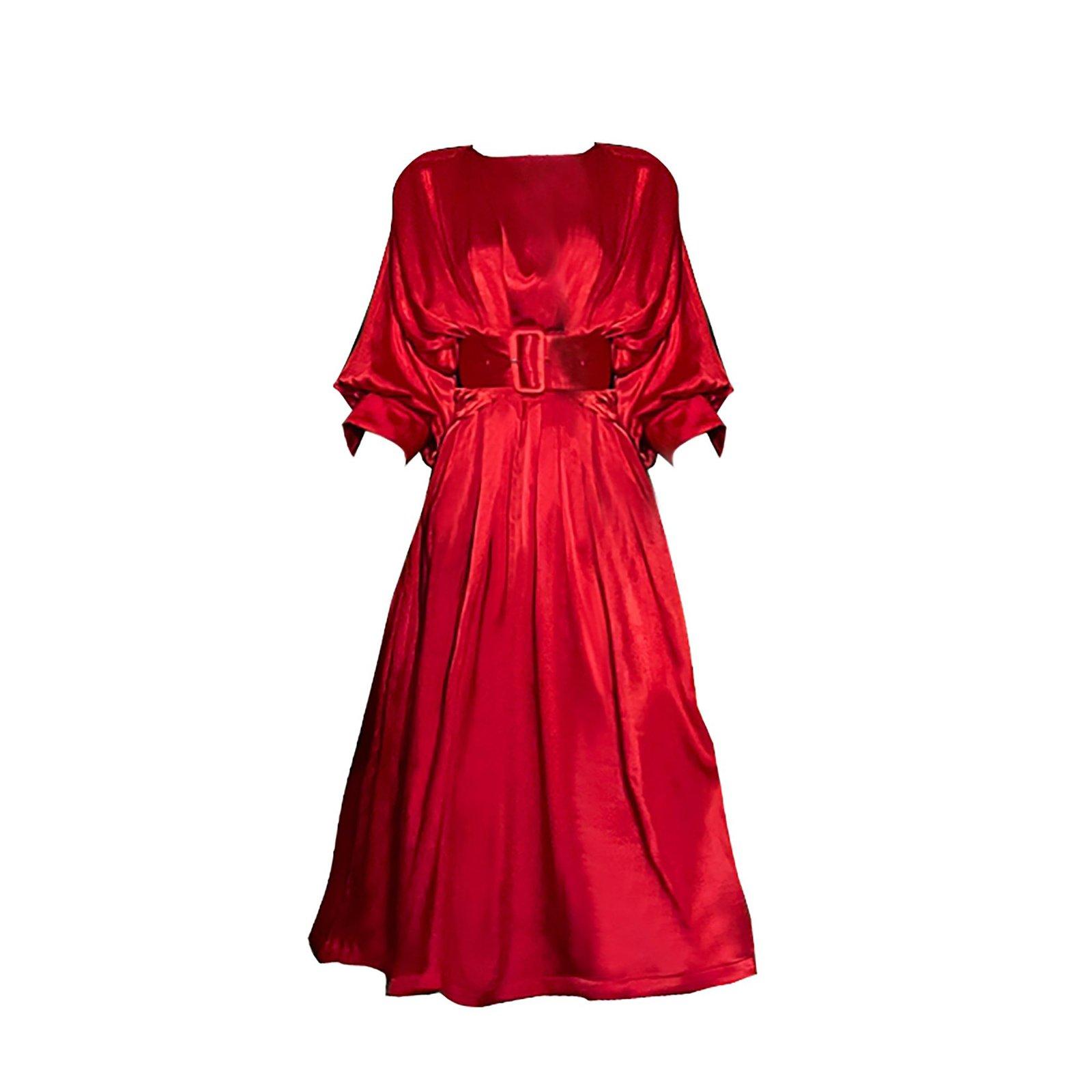 red satin midi dress with sleeves Scarlette