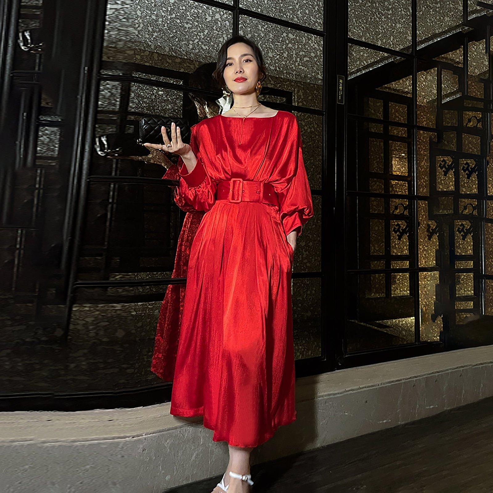 Women Red Satin Long Midi Dress,Semi Formal Dress,Maxi Dress,Wedding Dress,Cocktail Party Dress,Evening Dress,Red Long Pleats Dress,Red Gown L