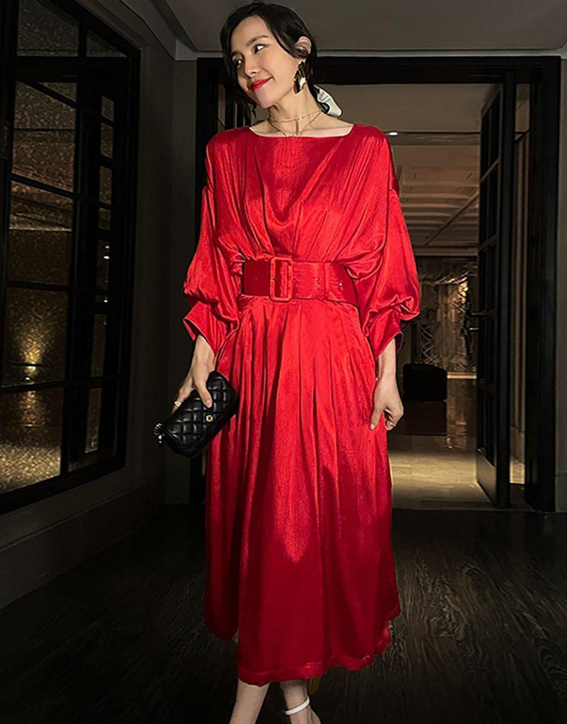 Women Red Satin Pleats Long Midi Formal Gown Dress Vivian Seven