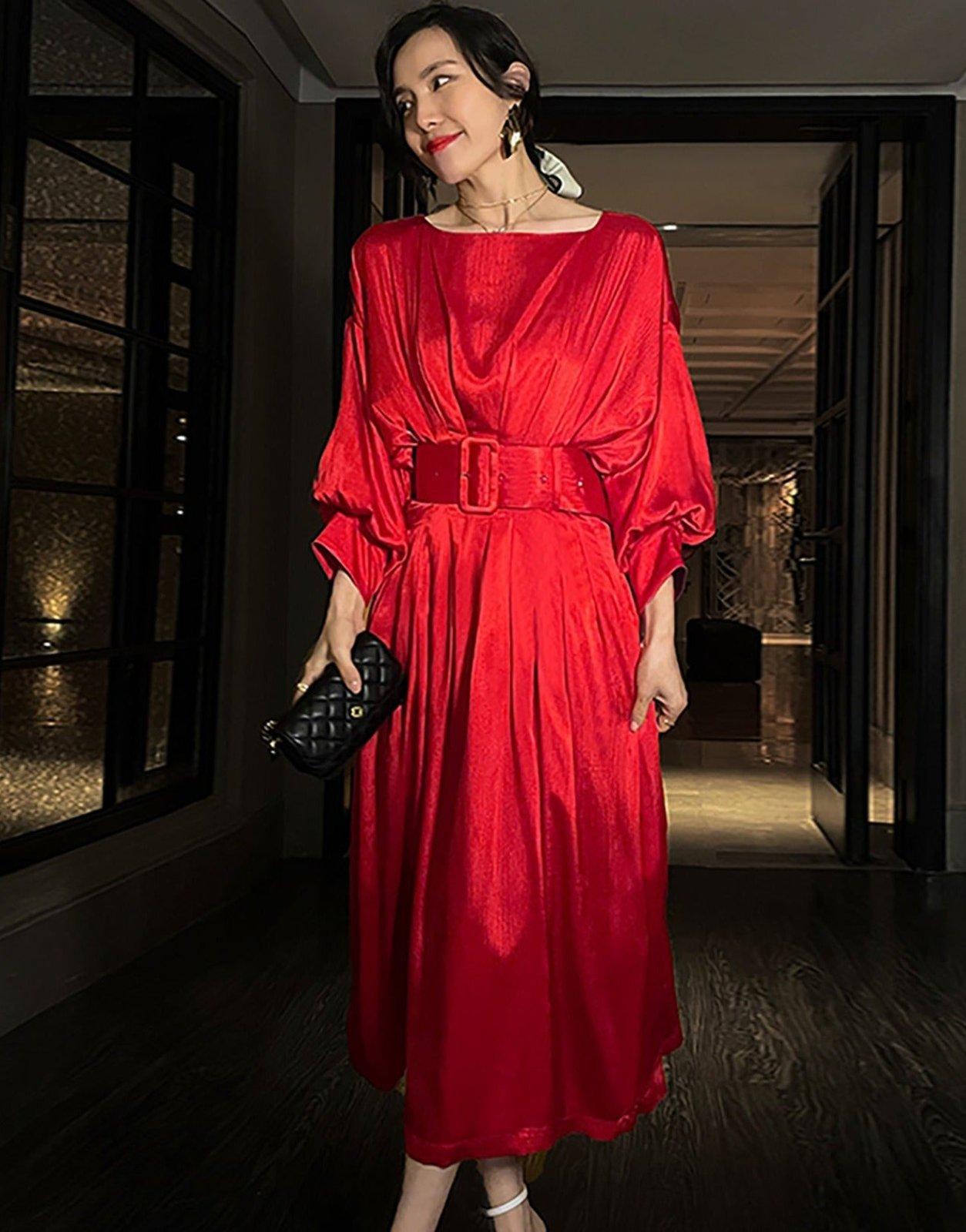 red dress formal women Satin Long Midi Dress,Semi Dress,Maxi Dress,Wedding Dress,Cocktail Party Dress,Evening Dress,Red Long Pleats Dress,Red Gown L Ideal for homecoming or Social Media Reacts To gathered waist Color:Light Blue with Pin Stripes