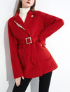Women Red Wool Coat,Belted Wool Overcoat,Beads Wool Jacket Vivian Seven