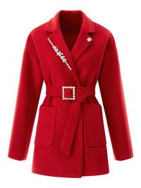 Women Red Wool Coat,Belted Wool Overcoat,Beads Wool Jacket Vivian Seven