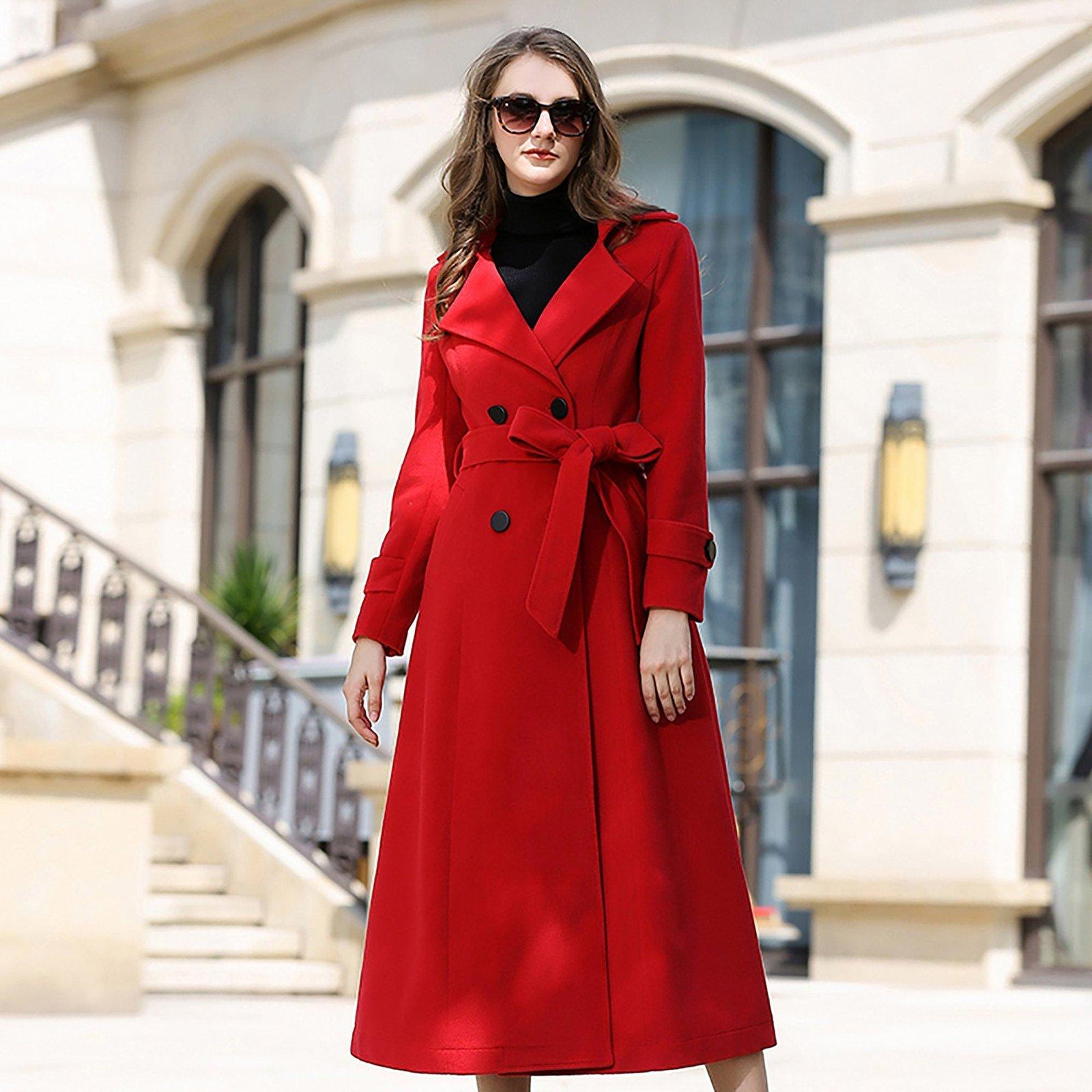 Red Double Breasted Belted Long Wool Blend Coat S