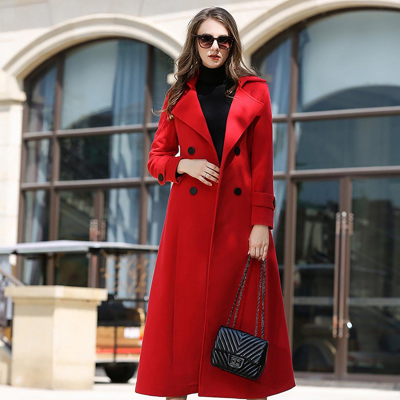 Red Double Breasted Belted Long Wool Blend Coat – Vivian Seven